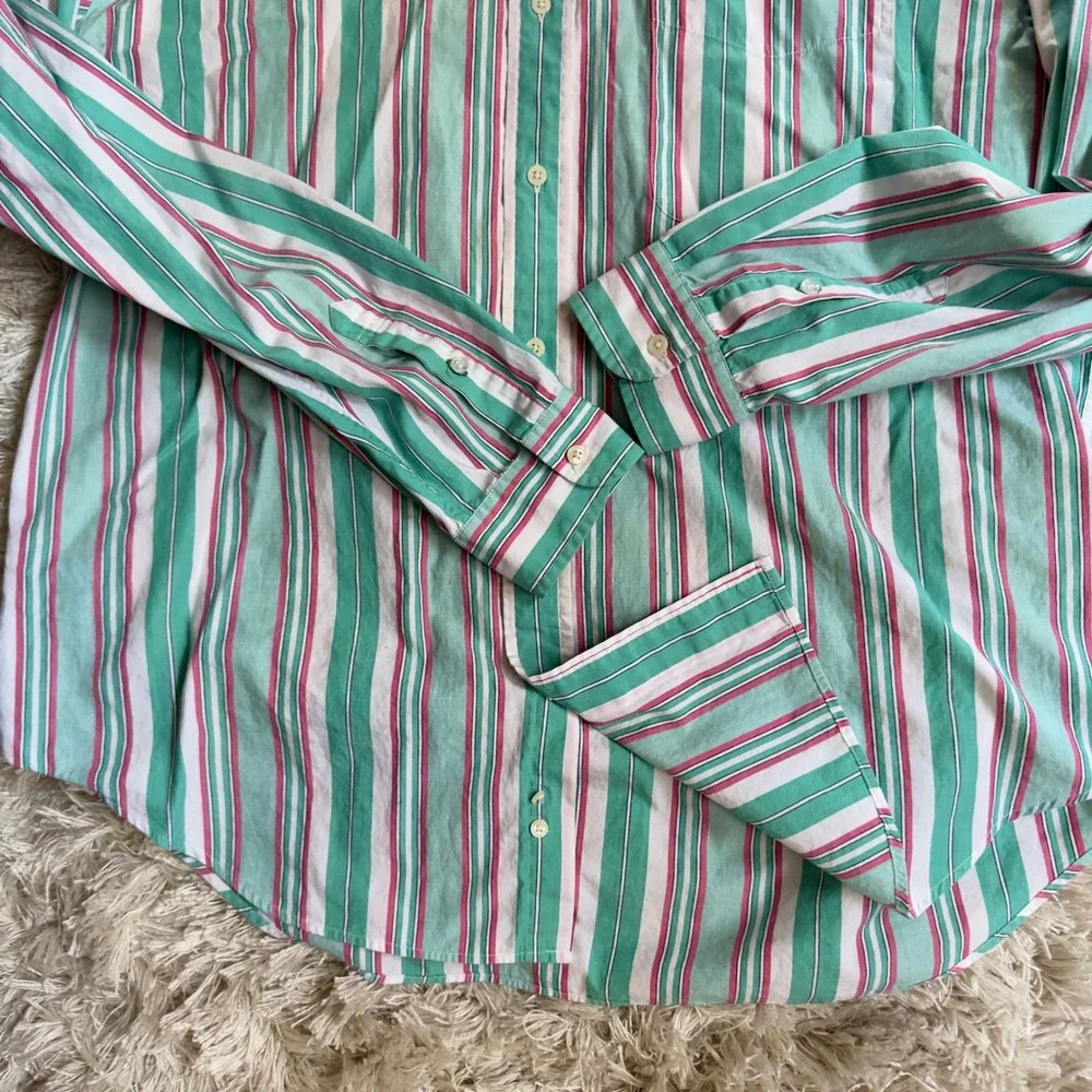 Vintage 90s Tommy Hilfiger Striped Button Down Shirt Mens L Green Pink Crest